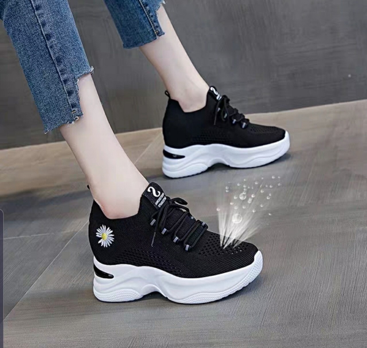Giày độn đế nữ cao 7cm vải lưới co giản cực êm cực thoáng