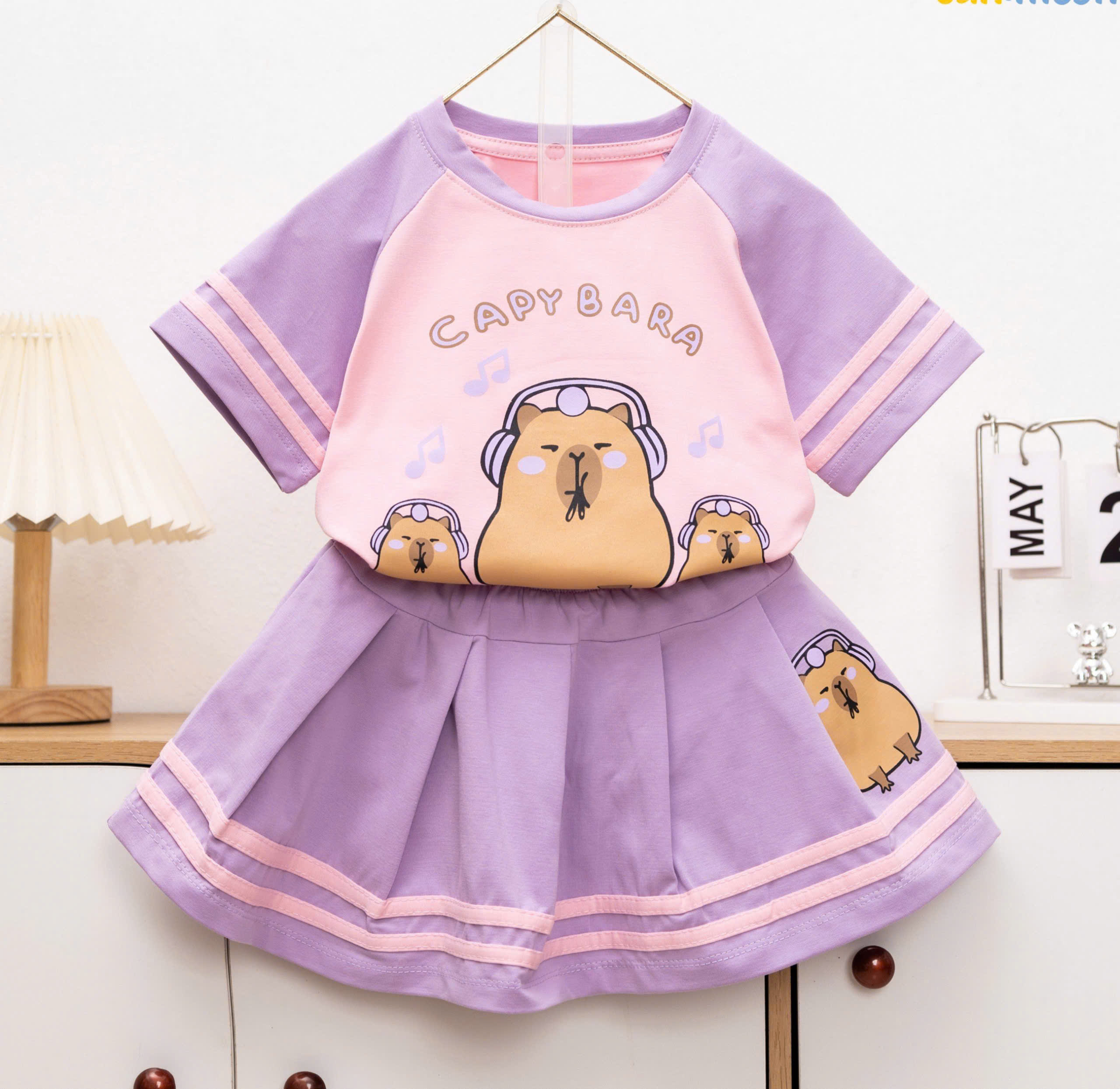 Sét váy bé gái 13kg-38kg chân váy xếp ly Áo thun cotton  hình in dể thương