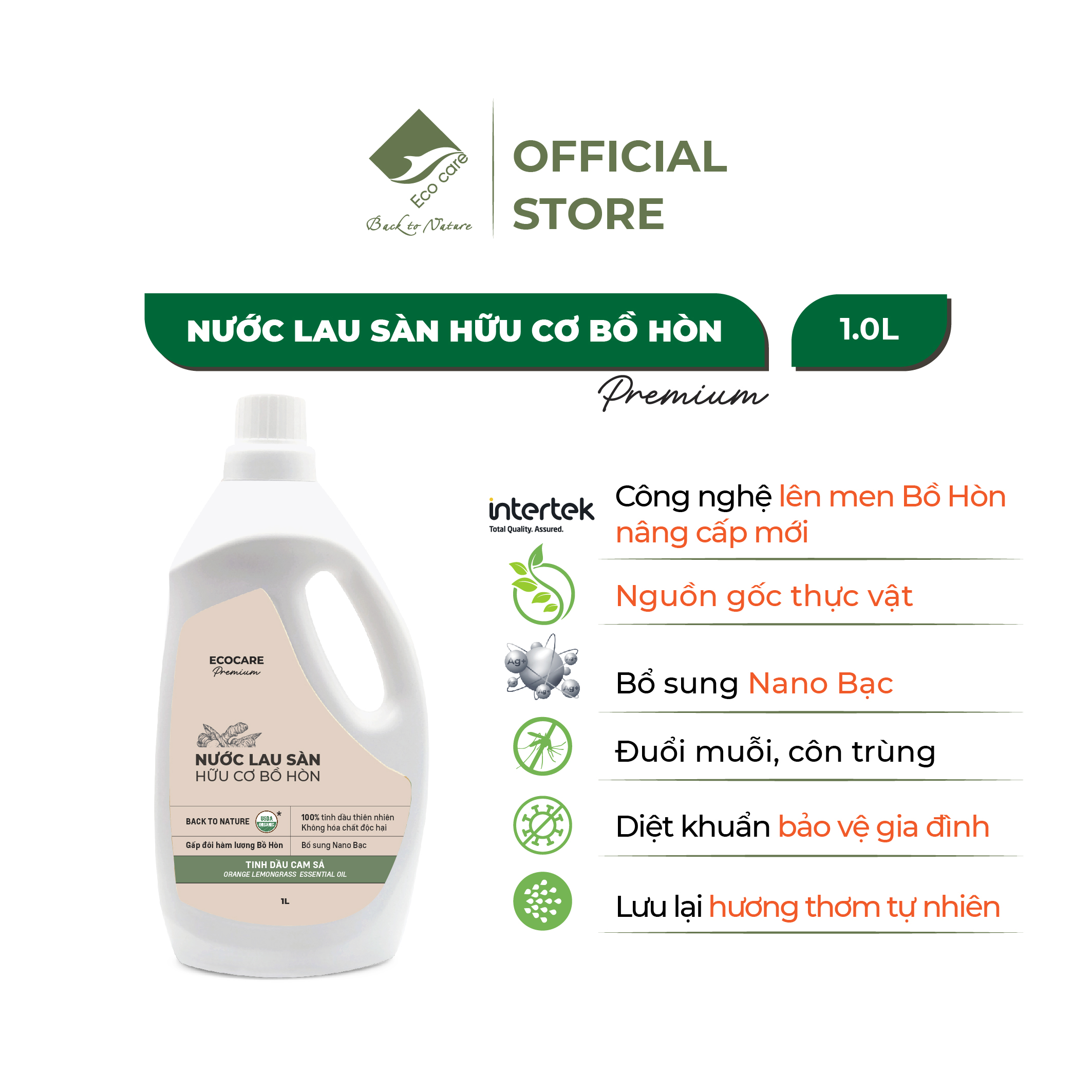 Nước Lau Sàn Hữu Cơ Bồ Hòn ECOCARE 1L Kết Hợp Tinh Dầu Thiên Nhiên Cam Sả Khử Mùi, Đuổi Muỗi