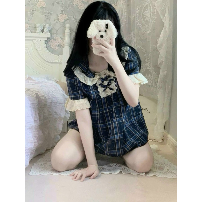 Set Bộ Đồ Nữ Kẻ Xanh Áo Babydoll Phối Ren Trắng Cổ Sen Nơ Nổi Mix Quần Sooc Đùi
