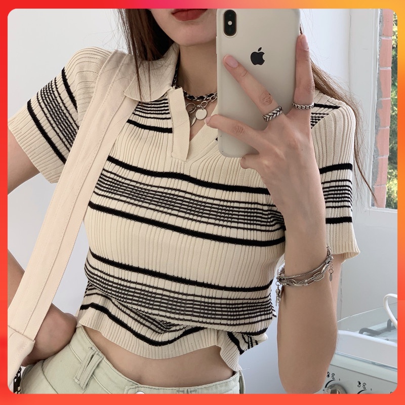 ????[C117] Áo len thun Montoghi dệt kim QC cổ đức KẺ SỌC 2 MÀU tay ngắn Quảng Châu - kholenqc