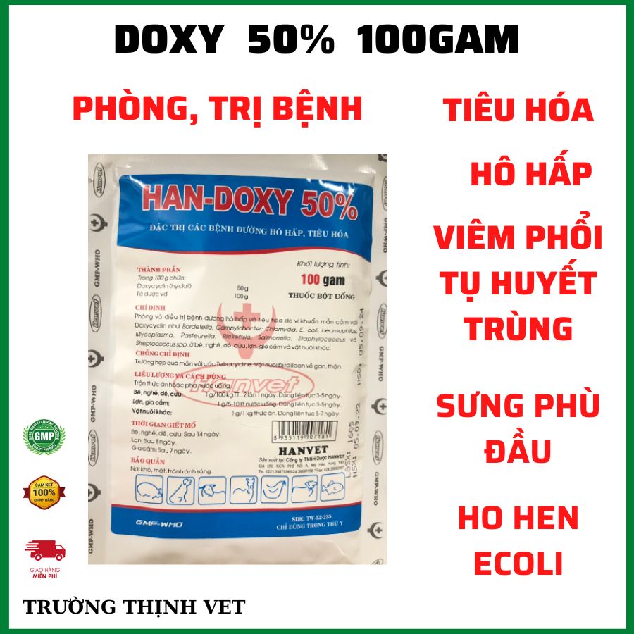 "Hoàn tiền đến 10%" Doxy 50% gói 100gam viêm phổi, nhiễm khuẩn đường tiêu hóa, crd, ccrd gia súc, gia cầm. Thú y Trường Thịnh