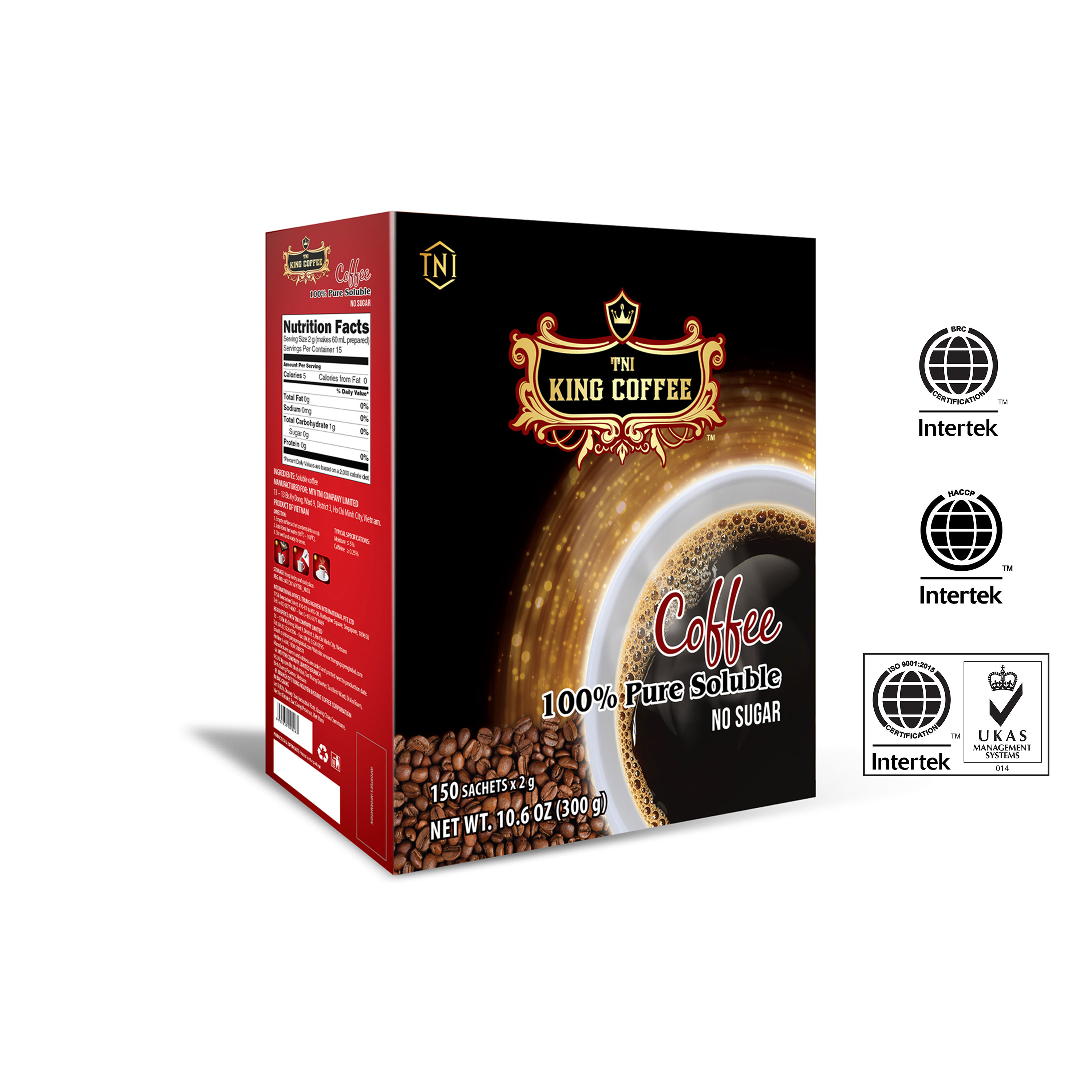 Cà Phê Hòa Tan 100% Đen Thuần Khiết KING COFFEE - Hộp 150 gói x 2g - Không Đường - Từ hạt cà phê Arabica & Robusta chọn lọc