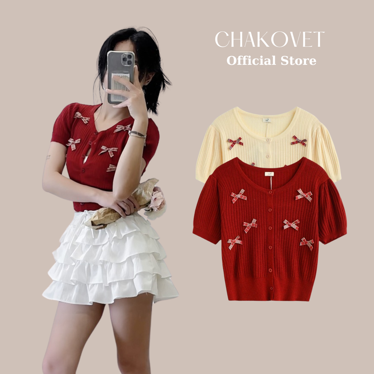 Áo len mỏng cộc tay cổ tròn Chakovet áo len nữ dệt kim cài khuy thắt nơ màu đỏ be thanh lịch form ôm tôn dáng A5012