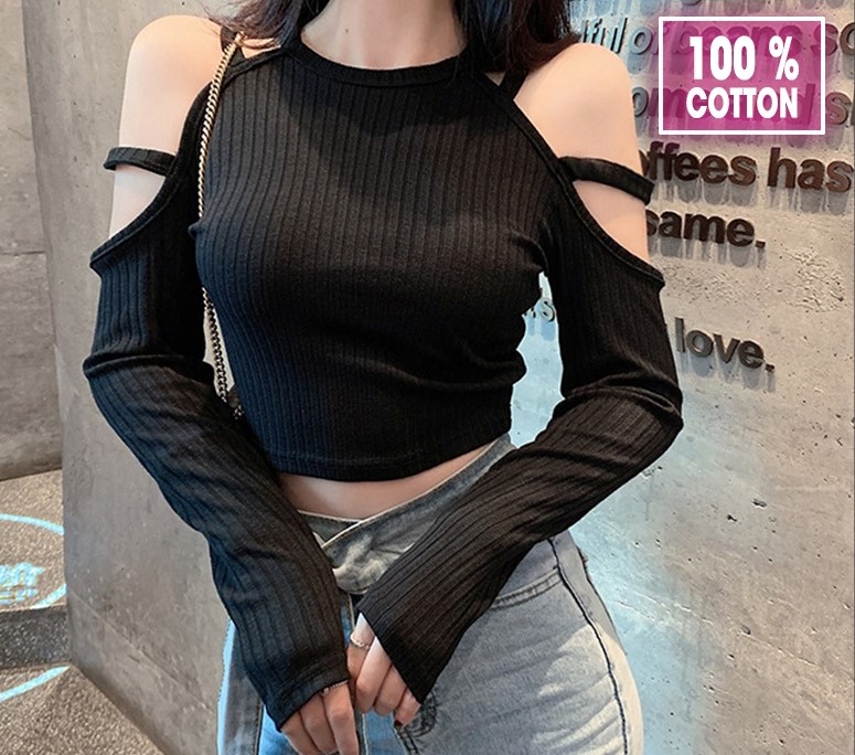 Áo croptop nữ trễ vai tay dài ôm body gợi cảm crt kiểu hàn quốc màu đen trắng dưới 55 kg