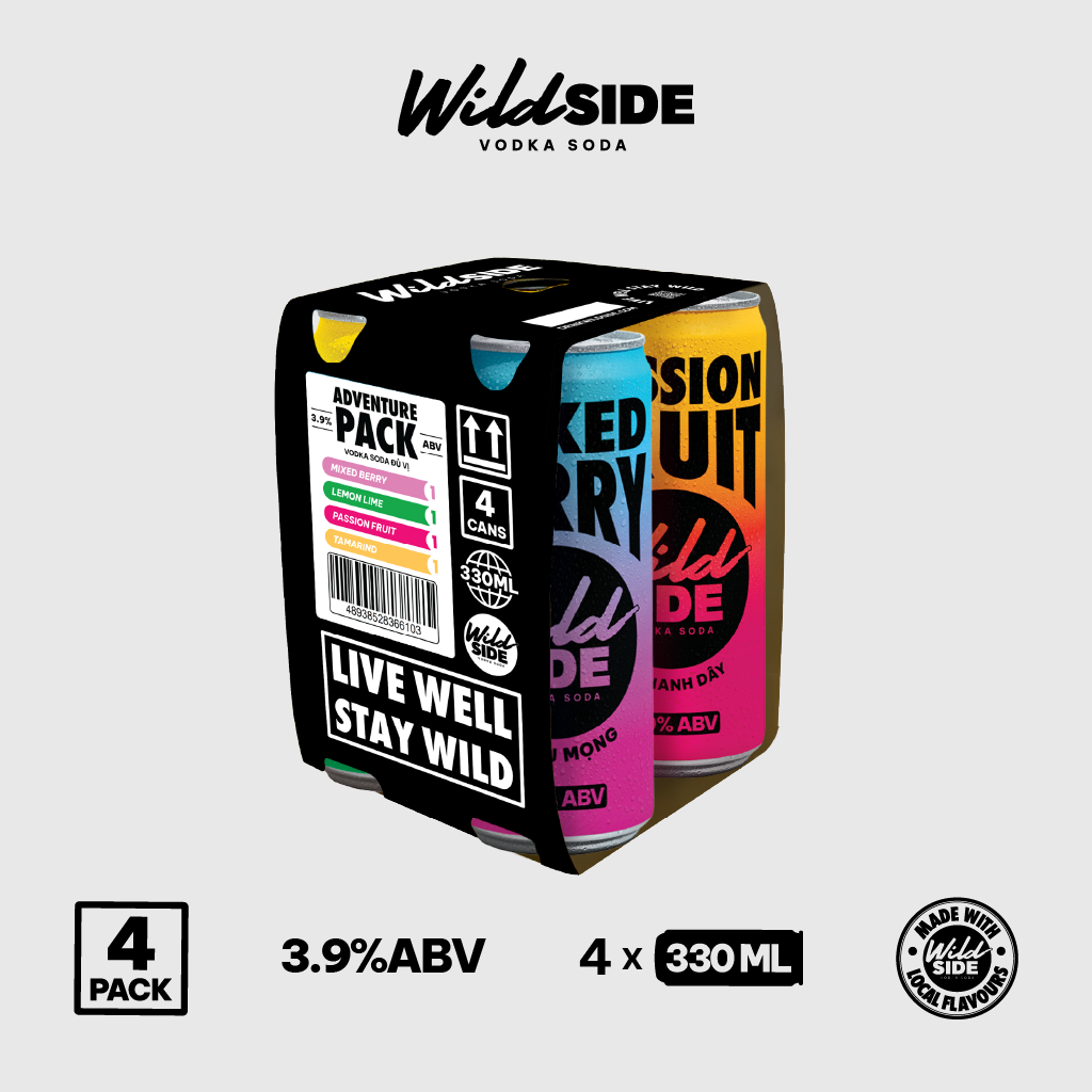 Wildside Vodka Soda Thùng 4 Vị MIX | Lốc 4 Lon x 330ml – Độ cồn 3.9% – Vị trái cây nhiệt đới – Đồ uống có cồn nhẹ