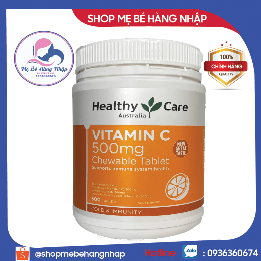 (Mẫu mới) Healthy Care Vitamin C Viên Nhai Ngậm 500mg 500 viên Úc