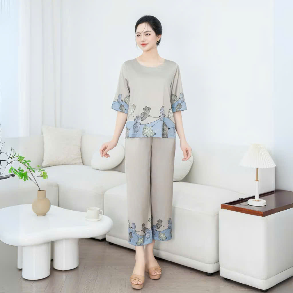 Set Bộ Trung Niên Chất Liệu Lụa Cao Cấp Kiểu Áo Cộc Quần Dài MÃ HA9