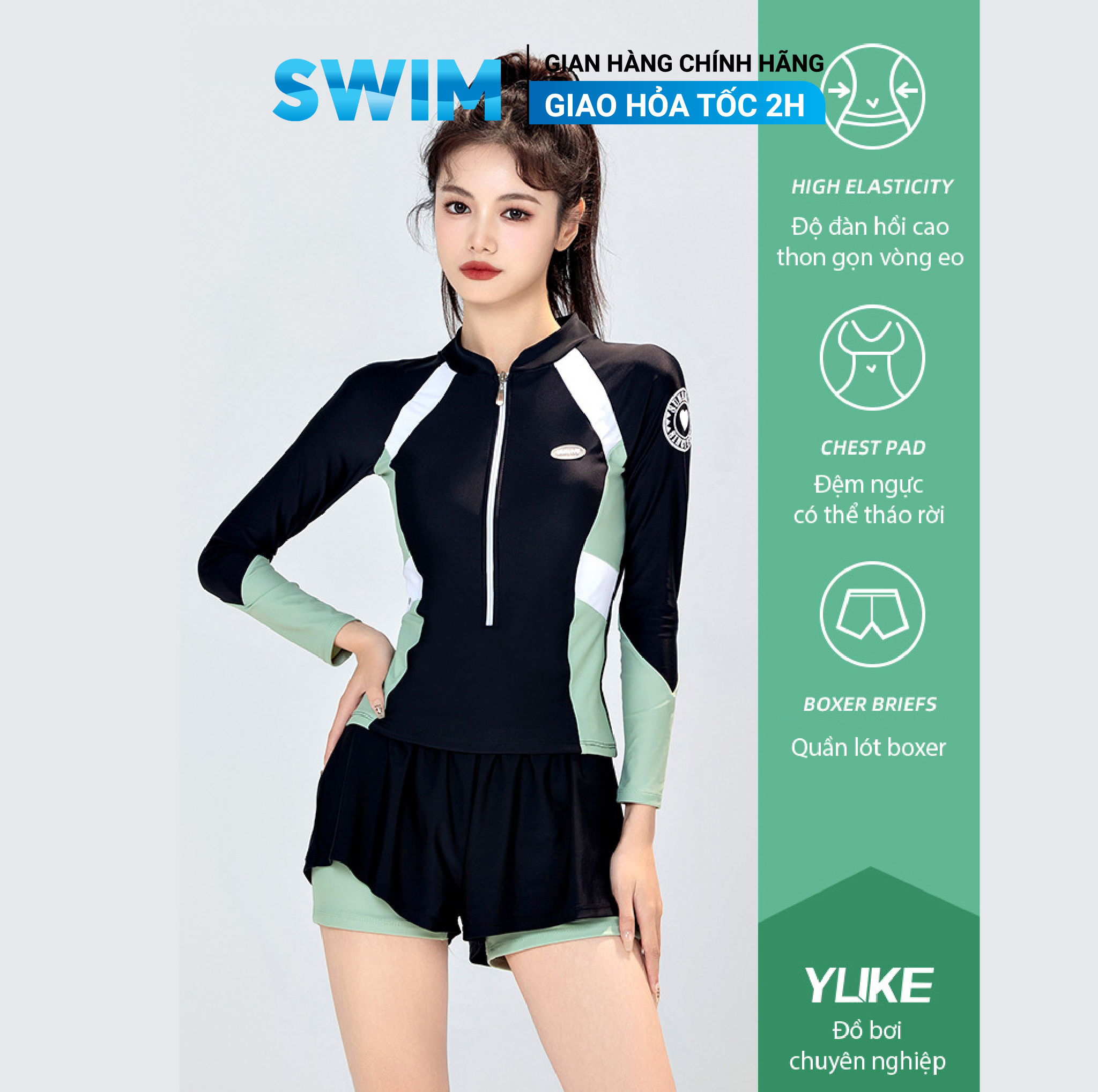 Đồ Bơi Nữ Dài Tay YLIKE Quần Bơi 2 Lớp Có Đệm Ngực Quần Áo Bơi Nữ Dài Tay Bộ Bơi Nữ Kín Đáo