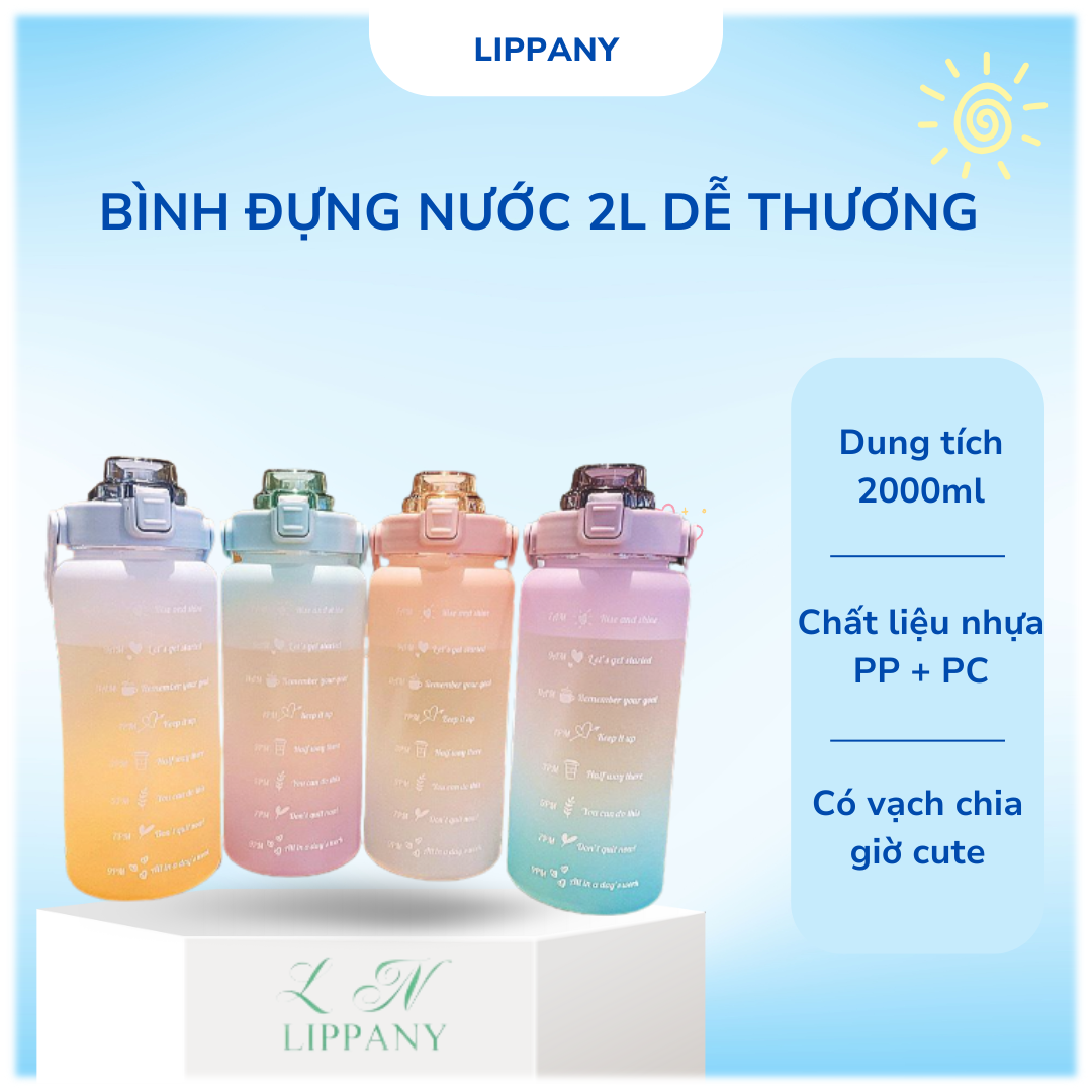 Bình Đựng Nước 2L Dễ Thương Có Vạch Báo Giờ Uống Nước Tập Thể Thao, Bình Đựng Nước Học Sinh, Bình Nước 2L