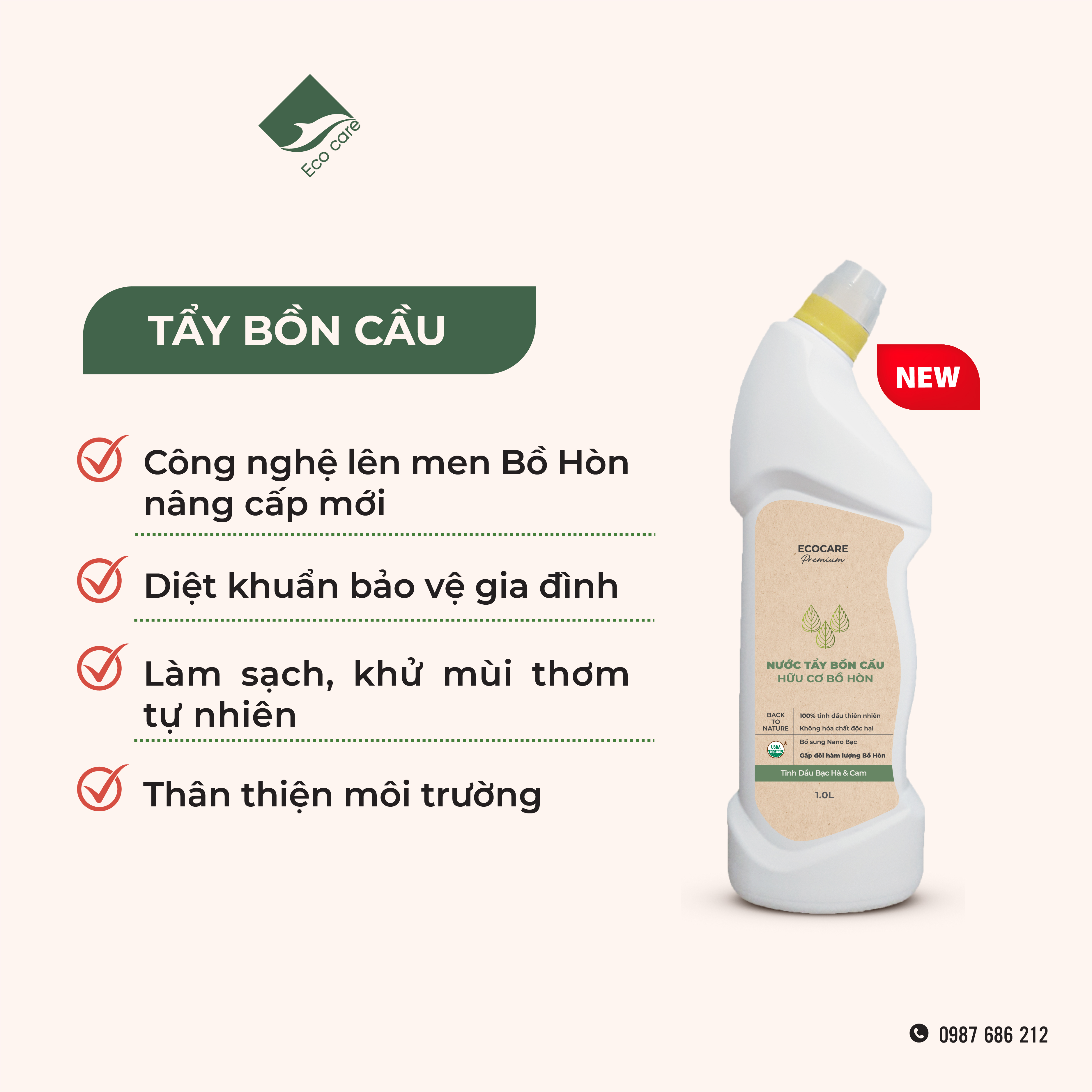 Nước Tẩy Bồn Cầu Hữu Cơ ECOCARE Chiết Xuất Từ Bồ Hòn Kết Hợp Tinh Dầu Cam Bạc Hà Giúp Diệt Khuẩn, Khử Mùi Hiệu Quả