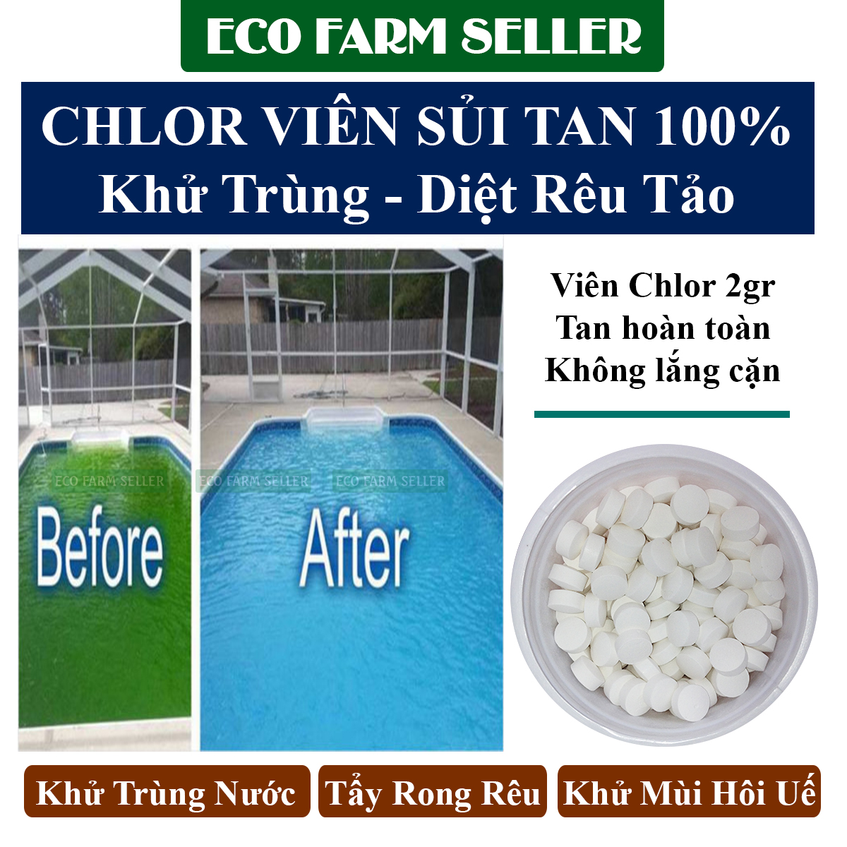 Chlorine Tablet - Hộp 500 Viên Chlor Sủi Sát Khuẩn Môi Trường - Clo Xử Lý Nước Hồ Bơi