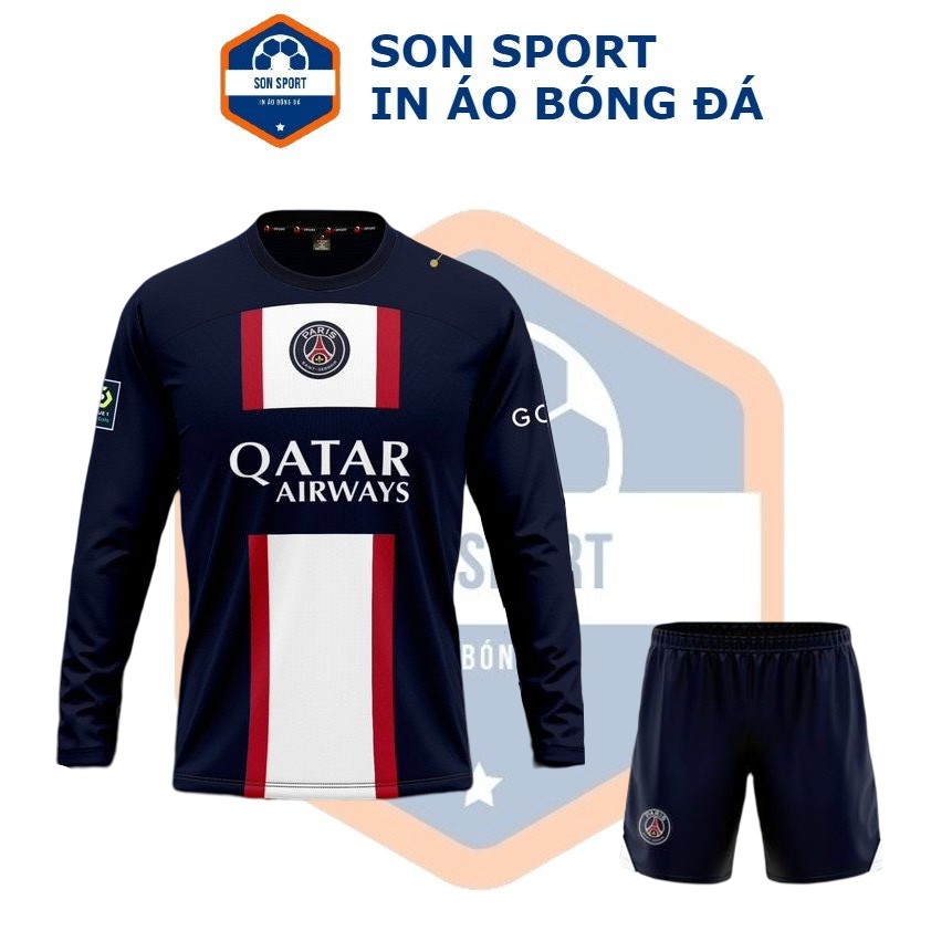 Bộ Quần Áo Bóng Đá Thun Thái Dài Tay CLB Paris Saint Germain Xanh Than Sọc Trắng