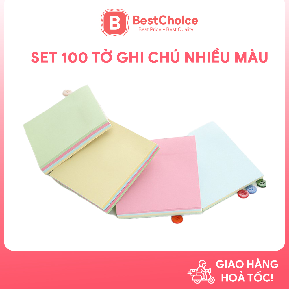 Set 100 tờ giấy ghi chú, giấy note nhiều màu sắc size 76*51mm có keo dán phụ kiện văn phòng phẩm tiện lợi SMN