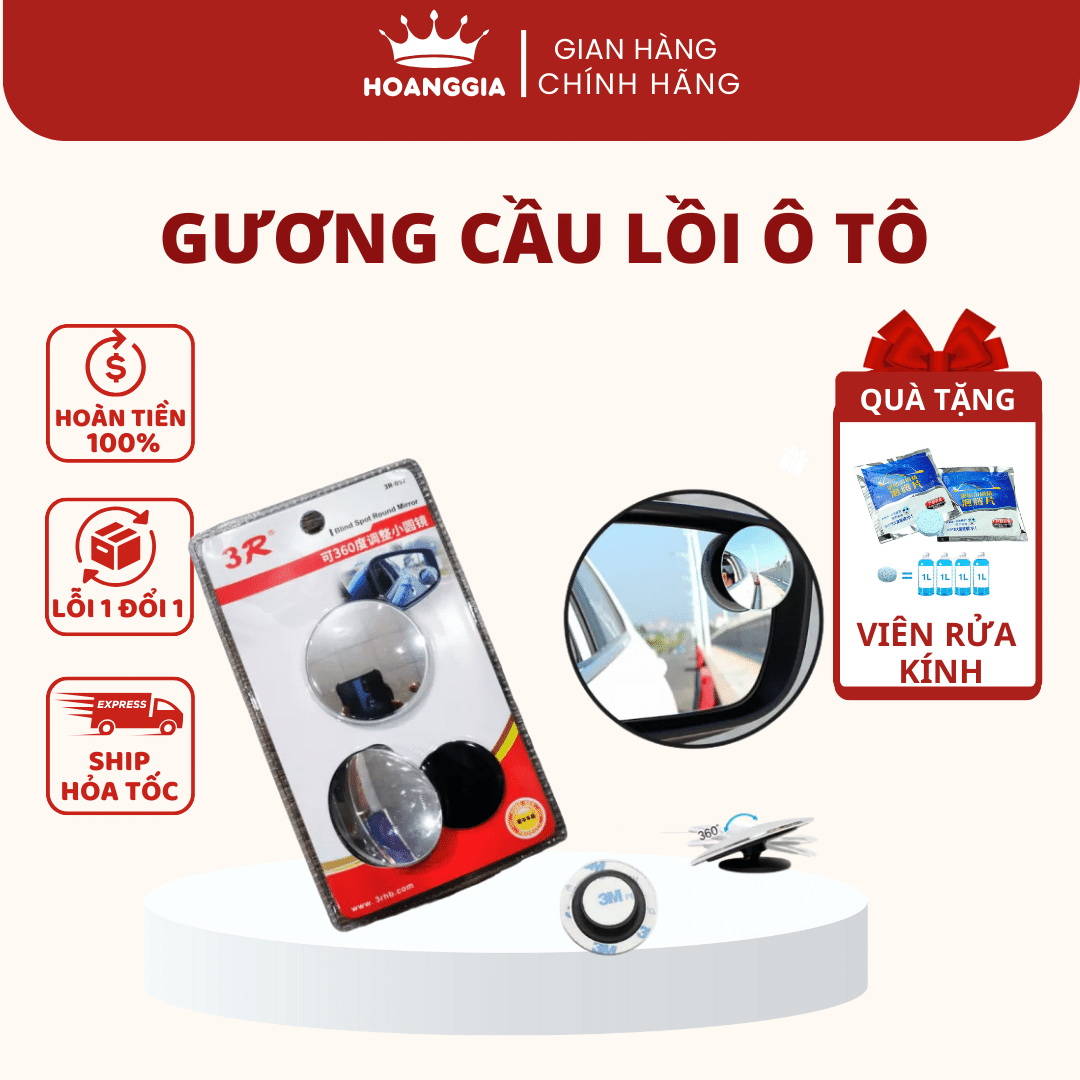 Bộ 2 Gương Cầu Lồi Ô Tô – Gương Cầu Lồi - Xóa Điểm Mù Xoay 360 Độ Không Viền Hàng Cao Cấp Gắn Kính Chiếu Hậu Ô Tô