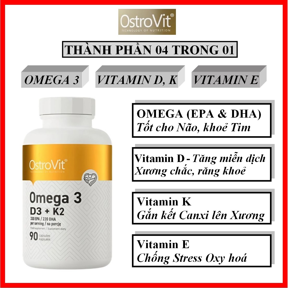 OstroVit Omega 3 EPA DHA + Vitamin D K2 E Capsules - Bone & Heart Health Supplement