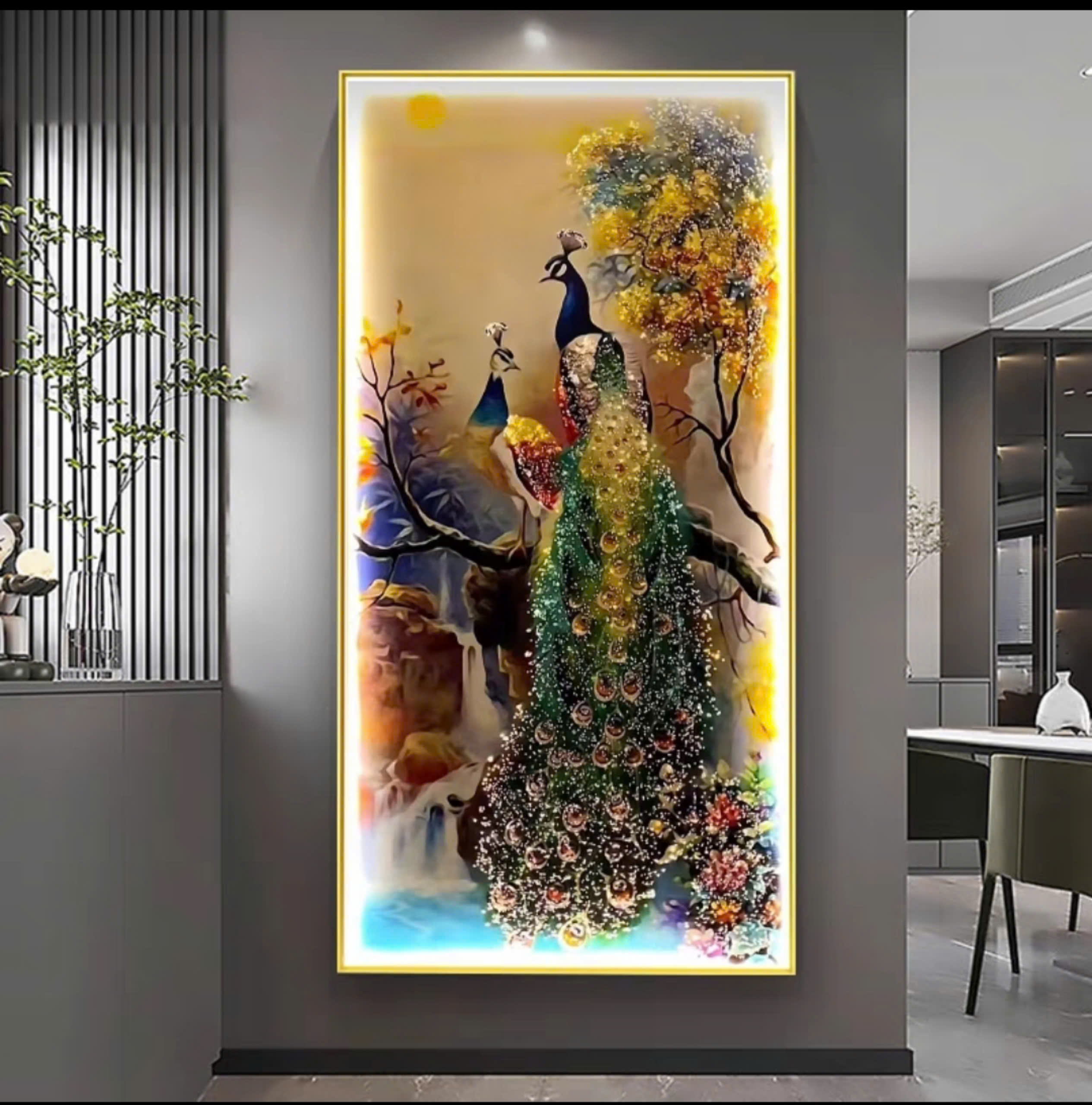 Tranh Điện Đính Đá Pha Lê + Đèn LED Chim Công, Cao Cấp Treo Tường, Decor Phòng Khách, Phòng Ngủ...