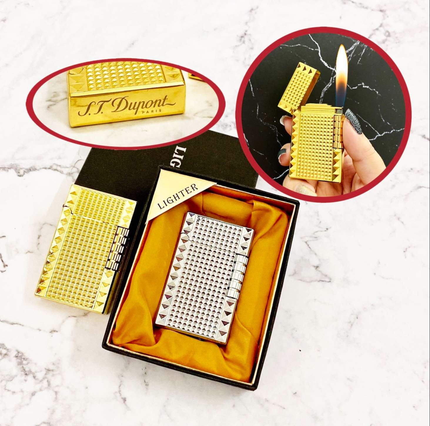 Bật lửa Dupont   kim cương vàng ,bạc M_9 " xài gas " -( có hộp )
