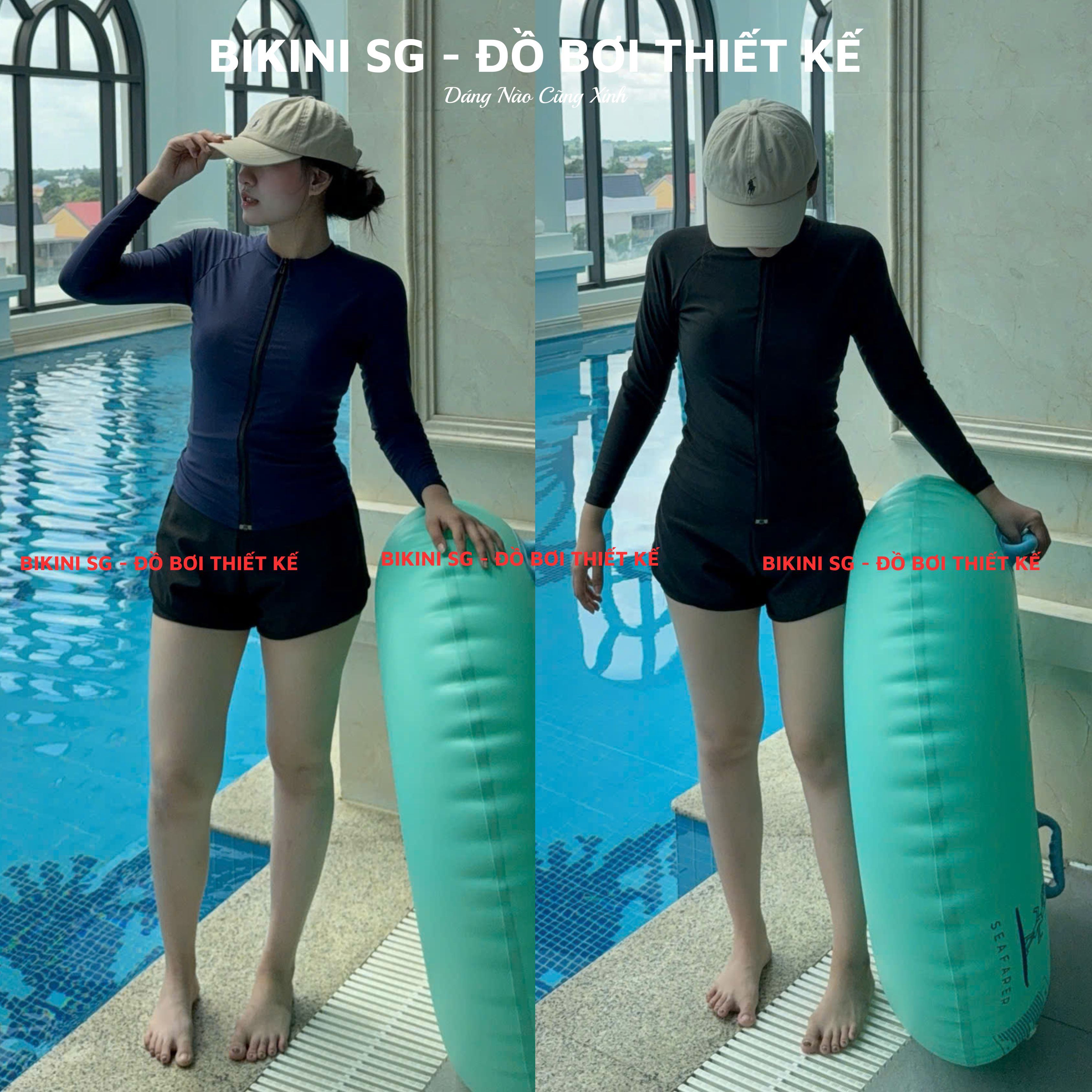 Bộ bơi áo bơi dài tay nữ có dây kéo dài kết hợp quần bơi đùi 2 lớp phong cách thể thao Bikini SG