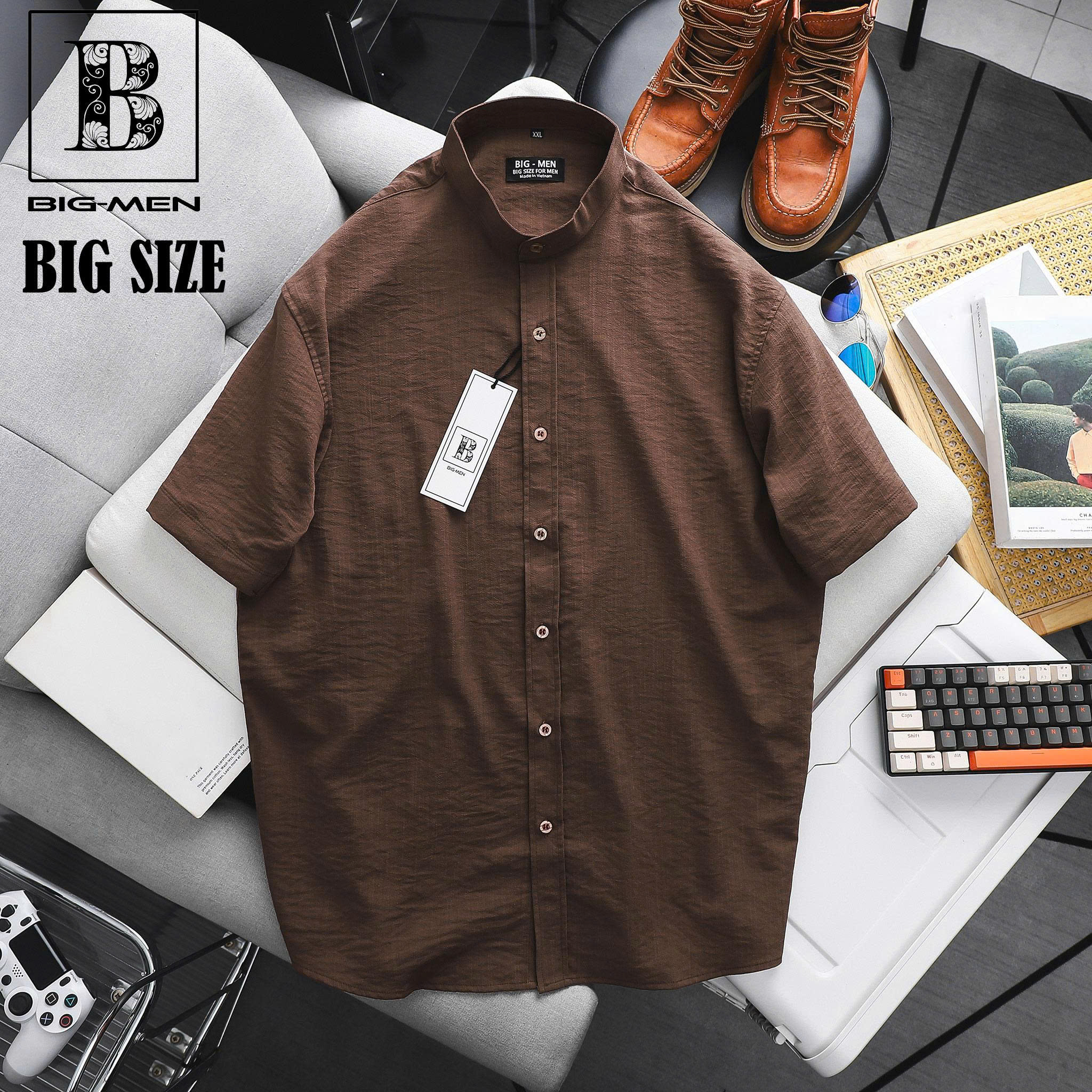 [ Big Size 80- 130 kg] Áo sơ mi tay ngắn bigsize nam vải đũi nút cài cổ trụ màu nâu thời trang Big Men