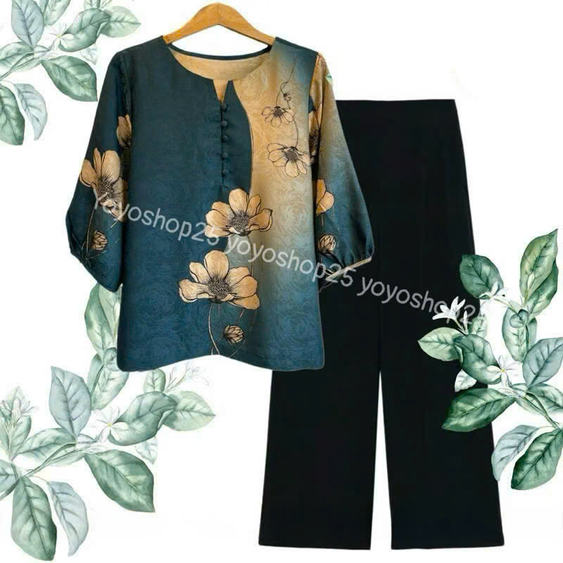 Set Bộ Trung Niên, Chất Liệu Lụa Cao Cấp, Kiểu Áo Cộc Quần Dài  MÃ HA2