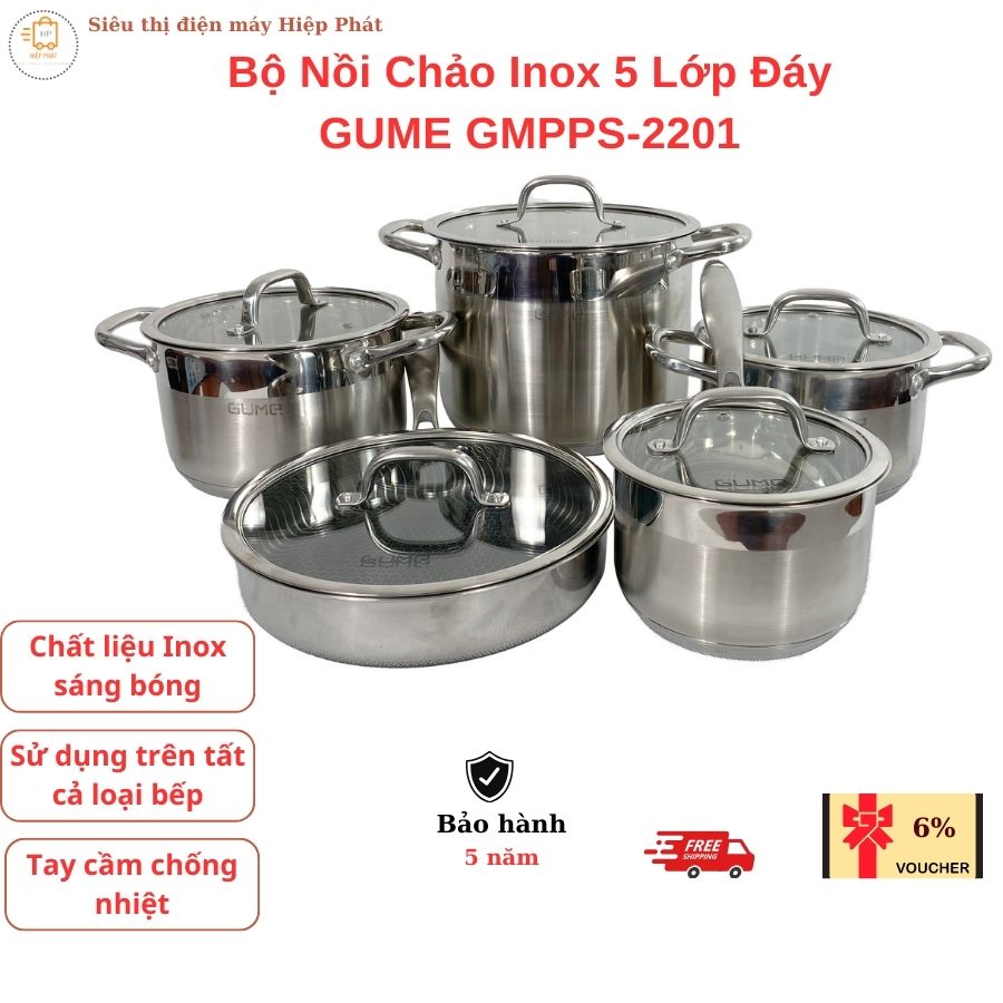Bộ Nồi Chảo 5 Món GUME GMPPS-2201, Chất Liệu Inox Nắp Kính Với đáy 5 Lớp Phù Hợp Với Mọi Loại Bếp