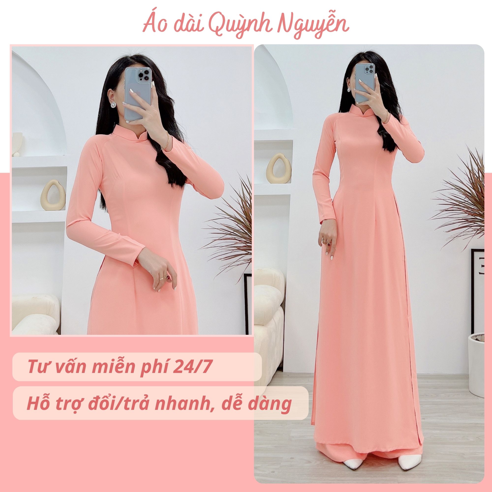 Áo dài trơn, áo dài lụa mỹ cổ cao tay dài áo dài nữ màu hồng cam trẻ trung MÃ T13