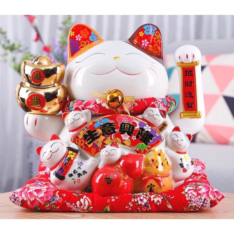 Mèo Thần Tài Sứ , Mèo May Mắn Maneki Neko 26cm và 33cm . Vẩy Tay Gọi Khách BÁT PHƯƠNG KHAI TÀI