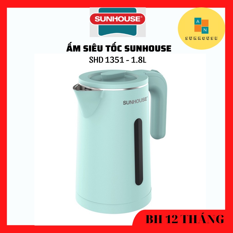 Ấm siêu tốc. Bình đun siêu tốc cao cấp inox 2 lớp 1.8L Sunhouse SHD1351, bảo hành toàn quốc 12 tháng