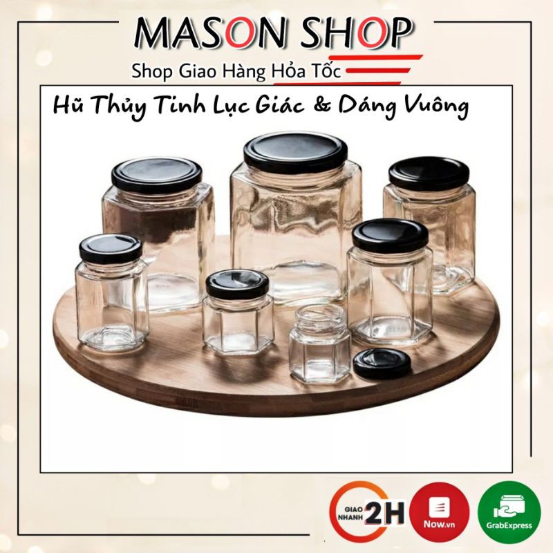 Hũ Thủy Tinh Vuông/Lục Giác Đựng Gia Vị/Bảo Quản Thực Phẩm 50Ml 100Ml 180Ml 380Ml 500Ml 730Ml Có Nắp Thiếc Lớn Nhỏ
