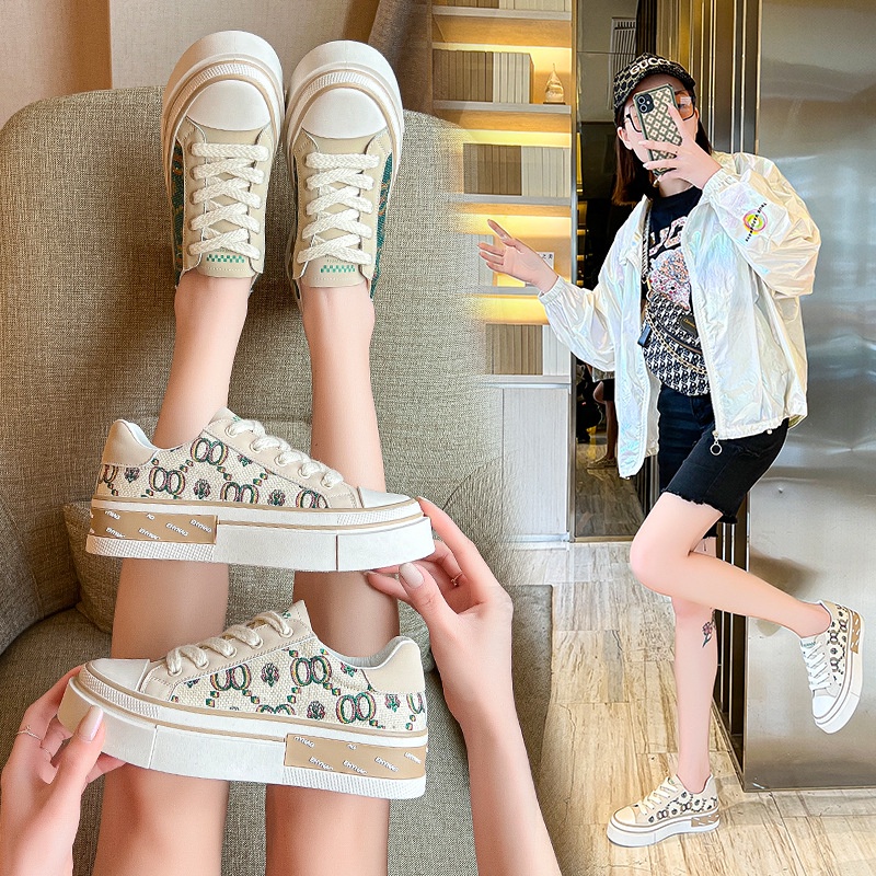 Giày thể thao nữ vải hạo tiết thêu tinh xảo, giày sneaker cổ thấp đế bằng nữ dễ phối đồ GT01