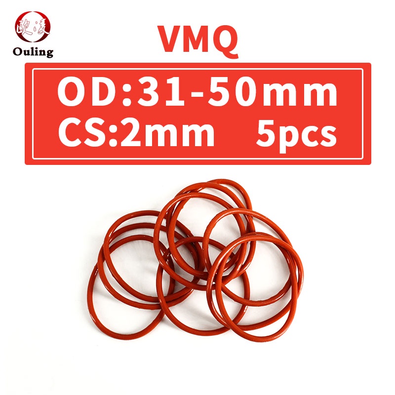 Set 5 Vòng Đệm Cao Su Silicon Hình Chữ O Màu Đỏ Dày 2mm Chống Sốc OD31 / 32 / 33 / 34 / 35 / 36 / 38 / 40 / 42 / 45 / 46 / 50 * 2mm