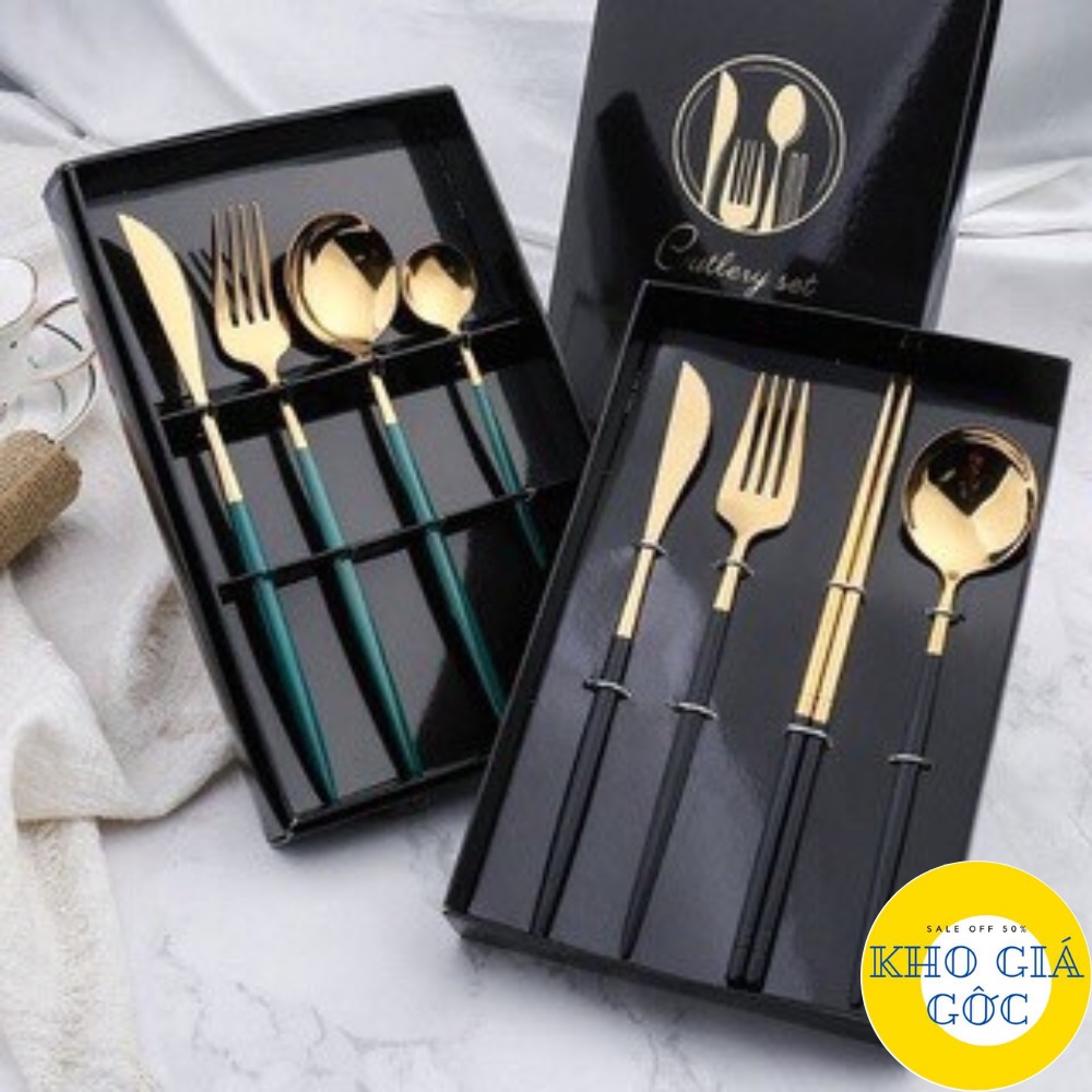 Set 4 món thìa dao dĩa inox dụng cụ ăn cá nhân mạ vàng cao cấp phong cách hoàng gia Cutlery set