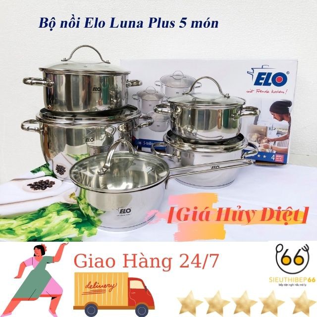 Bộ Nồi Bếp Từ Elo LUNA PLUS 5 Món,1-7L, Size 16-24cm, Bộ Nồi Inox Đáy Từ, Chảo Chống Dính Bếp Từ