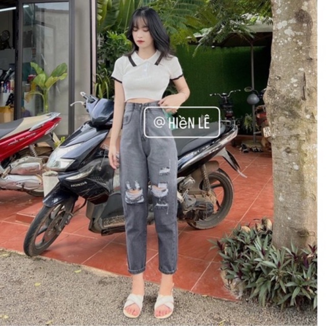Set baggy jeans loan rách + croptop petter phối viền