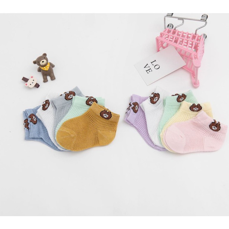 Set 5 đôi tất vớ hè dạng lưới hình gấu cho bé từ o-3 tuổi