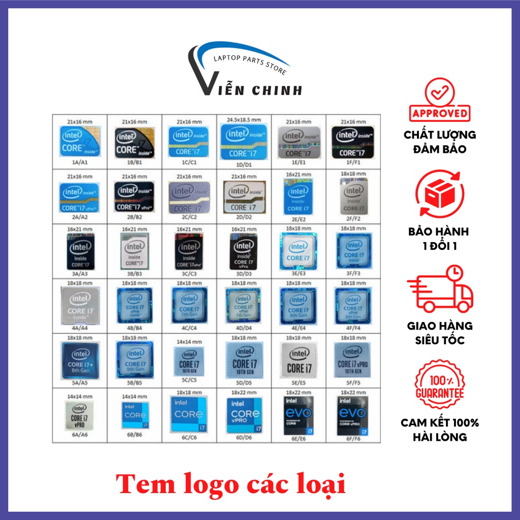 Tem Intel - logo Intel- Tem logo Intel core I5 I7 gen 2 gen 3 gen 4 gen 5 gen 6 gen 7 - Tem dán laptop máy tính
