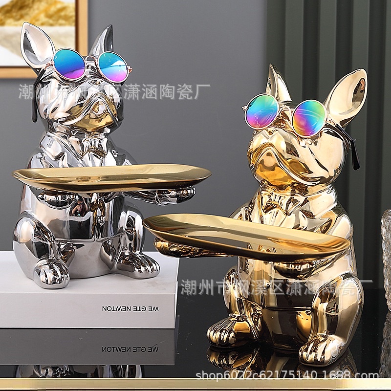 Khay Đựng Chìa Khóa Mạ Gốm Hình Chó bưng khay đựng đồ trang trí nhà cửa cực ngầu