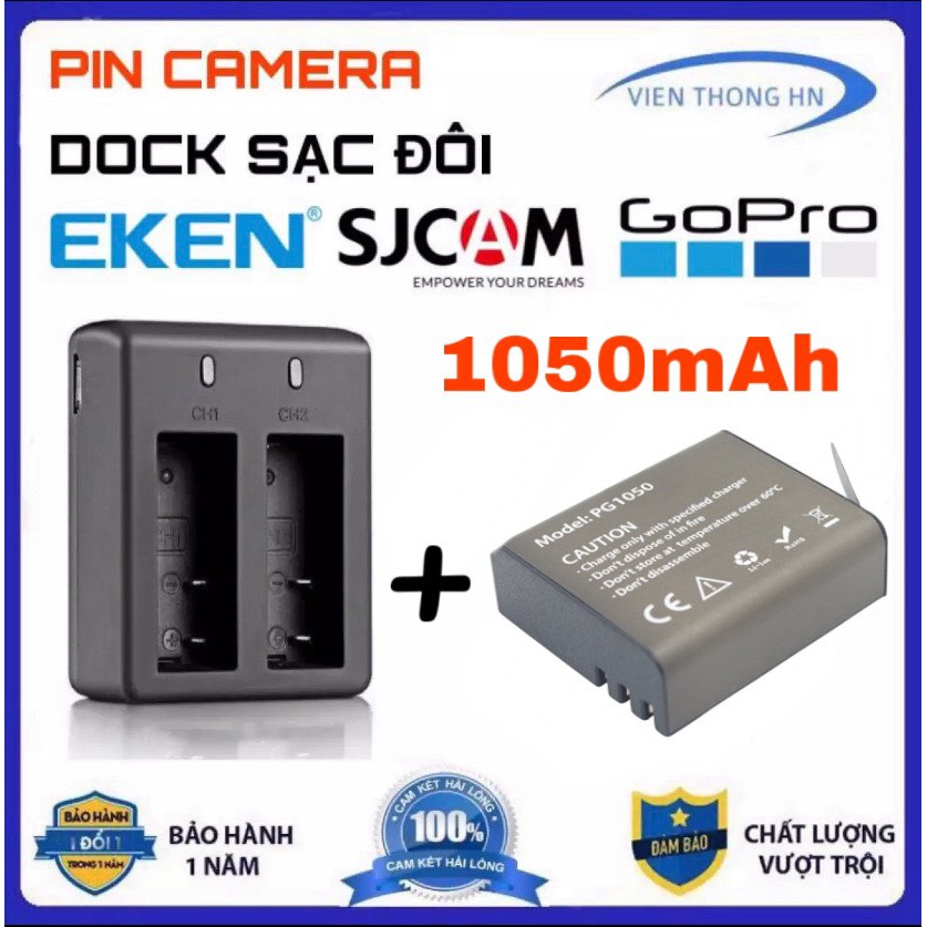 Combo 2 Pin 1050 mAh + Dock Sạc Đôi Cho Mọi Camera Hành Trình Eken H9r, SJCAM 4000, Amkov, Camera 4k