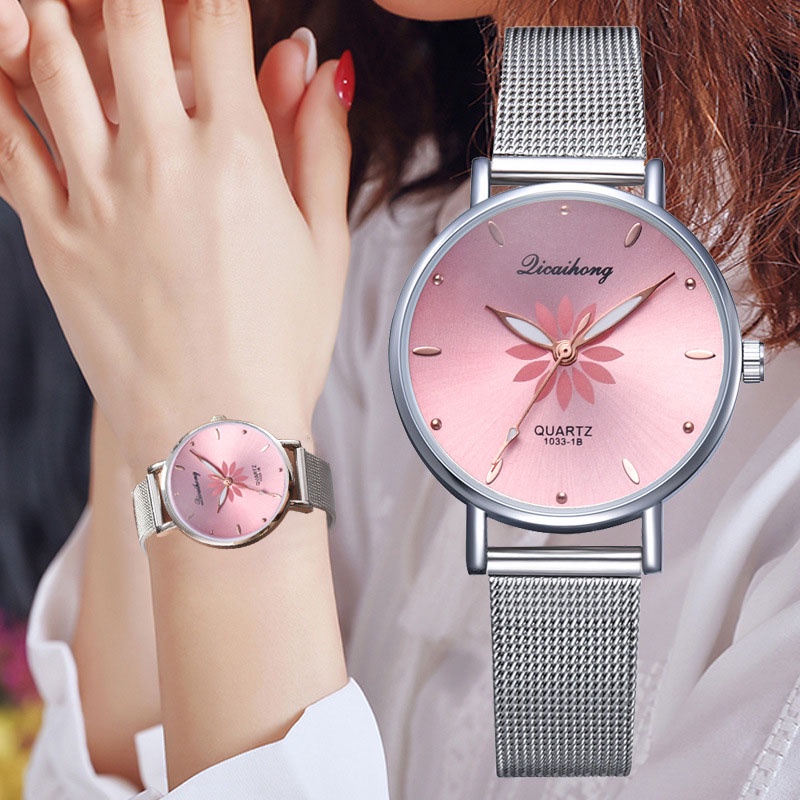 Đồng hồ chính hãng dây thép lưới hoa văn sang trọng cao cấp cho nữ