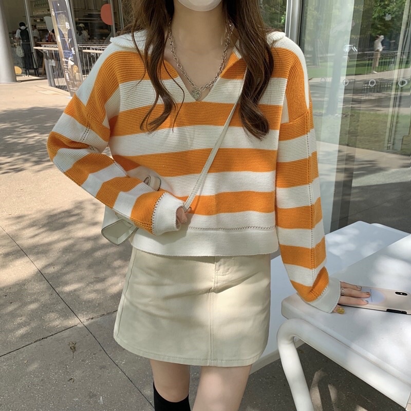 Áo len nữ polo tay dài dáng ngắn