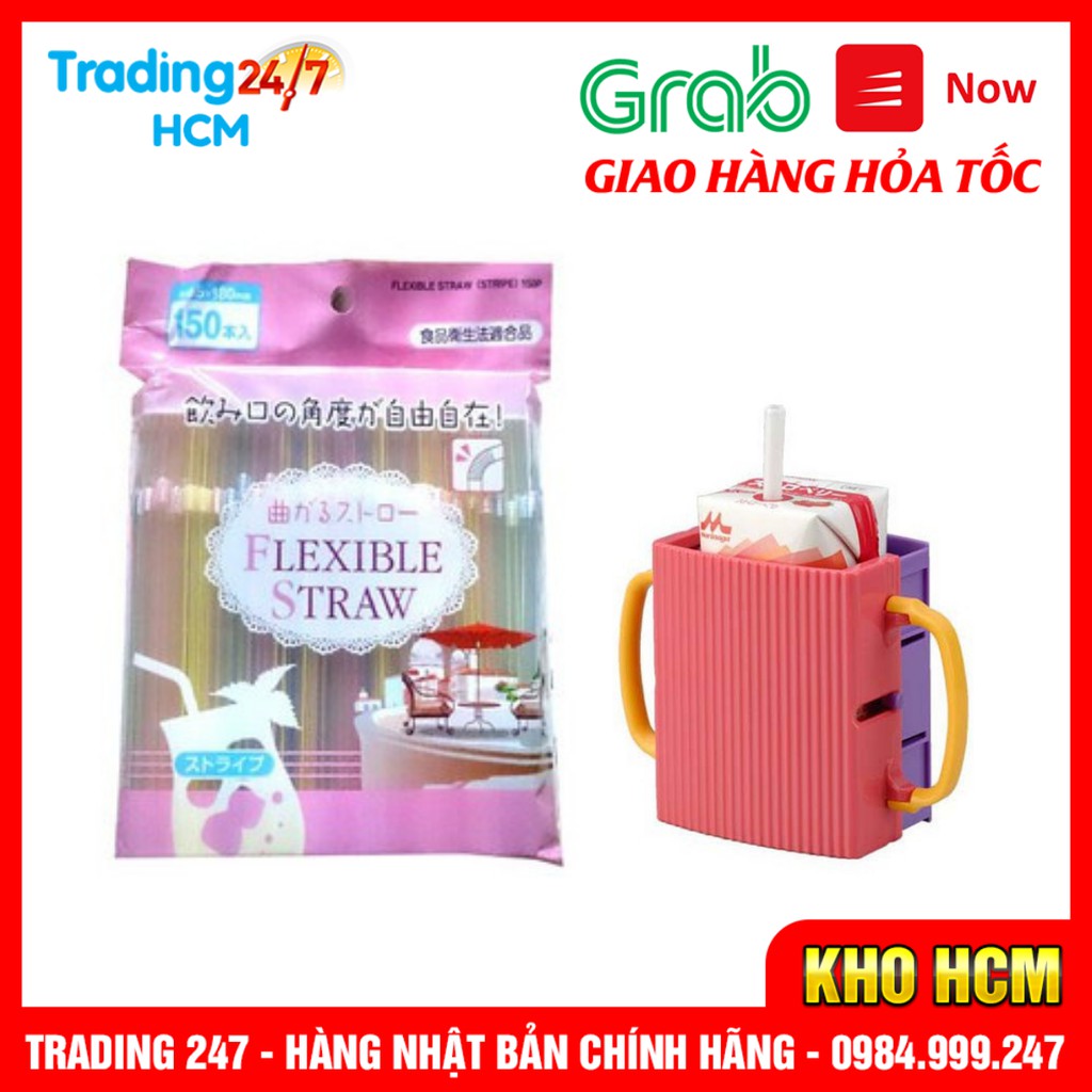 Combo giá đựng hộp sữa có tay cầm màu hồng và set 150 ống hút cho bé nội địa Nhật Bản
