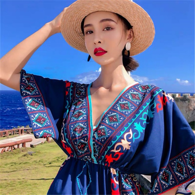 Váy thổ cẩm boho màu xanh, đỏ dáng maxi dài tay loe bo chun eo siêu xinh hàng order QC