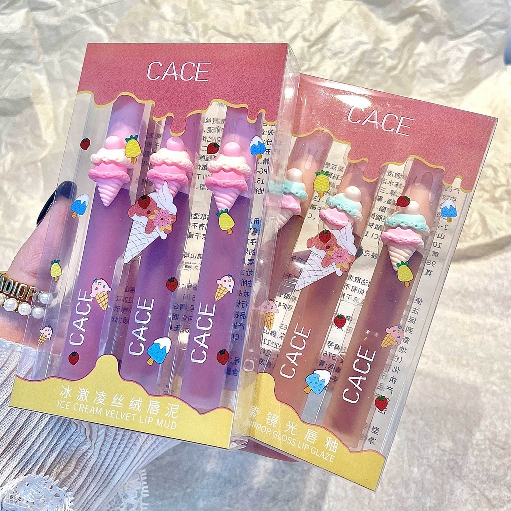 Set 3 Son Kem Lì Nhung Mịn Thiết Kế Hình Que Kem Hoạt Hình Dễ Thương