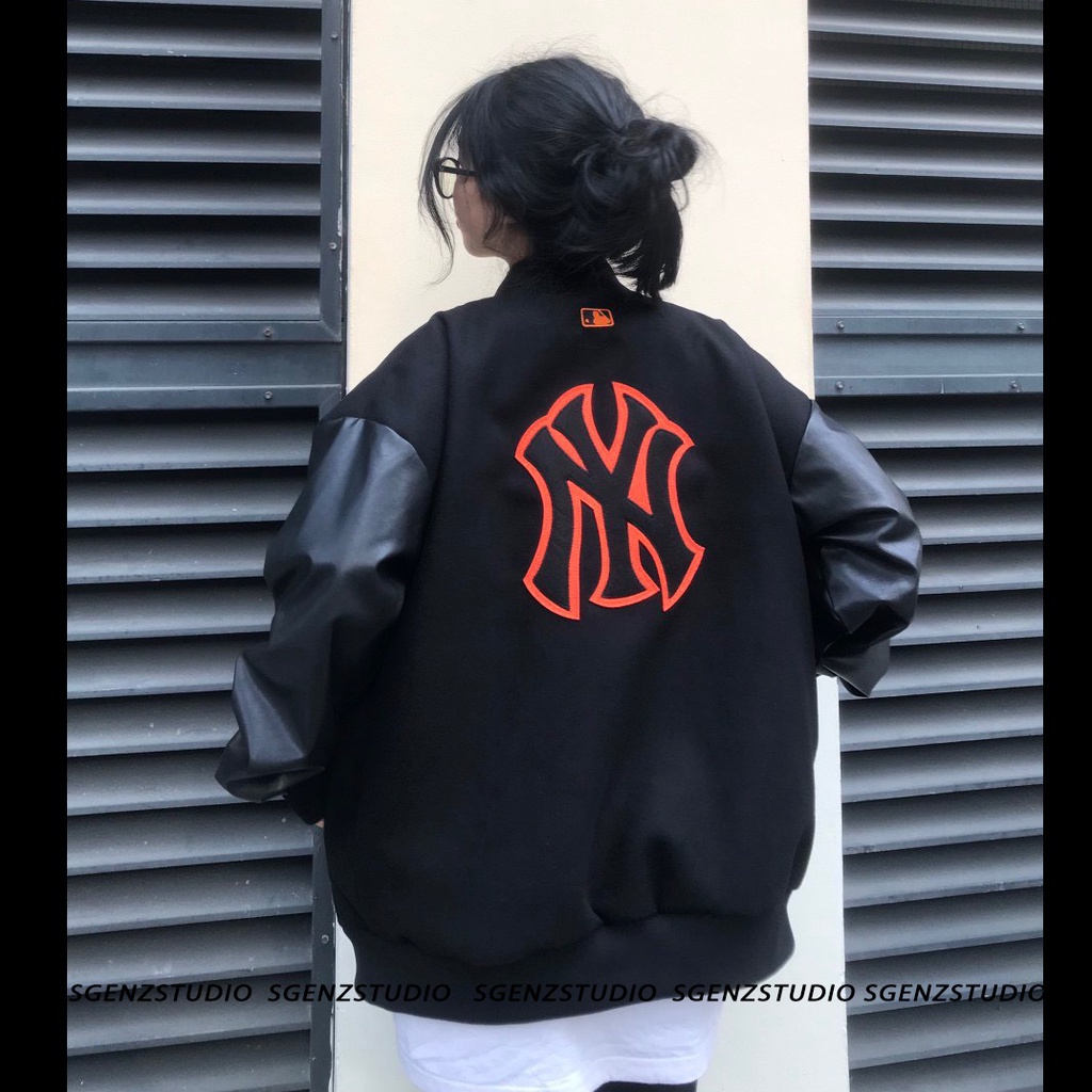 Áo varsity jacket MLB NY vải nỉ dày dặn phối tay da,Áo bomber nỉ form rộng nam nữ phong cách 2023