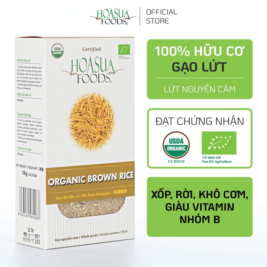 Gạo lứt hữu cơ HOA SUA FOODS – mềm xốp dinh dưỡng 1kg
