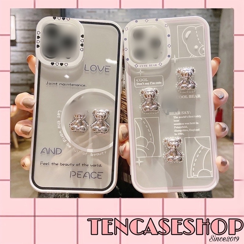 Ốp lưng ip silicon viền bảo vệ camera hình cute gấu đá nổi bạc sang trọng dành cho ip