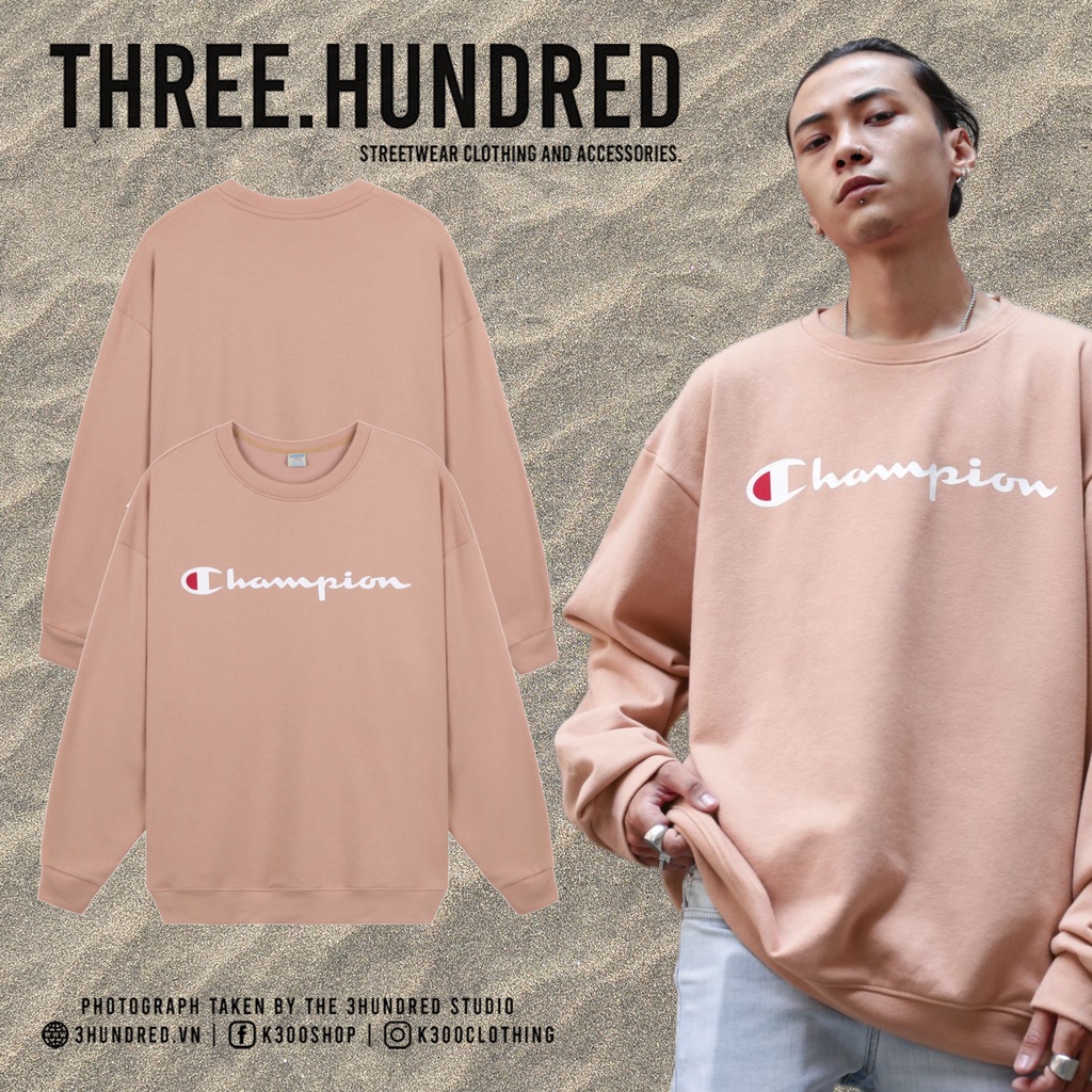 Áo Tay Dài Sweater Champion In Chữ Sắc Nét Chất Liệu NỈ Da Cá Cotton Màu Hồng From Rộng Thoải Mái Unisex Nam-Nữ