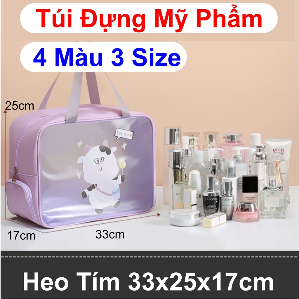 Túi Đựng Mỹ Phẩm Du Lịch 3 Ngăn In Hình Heo Tím