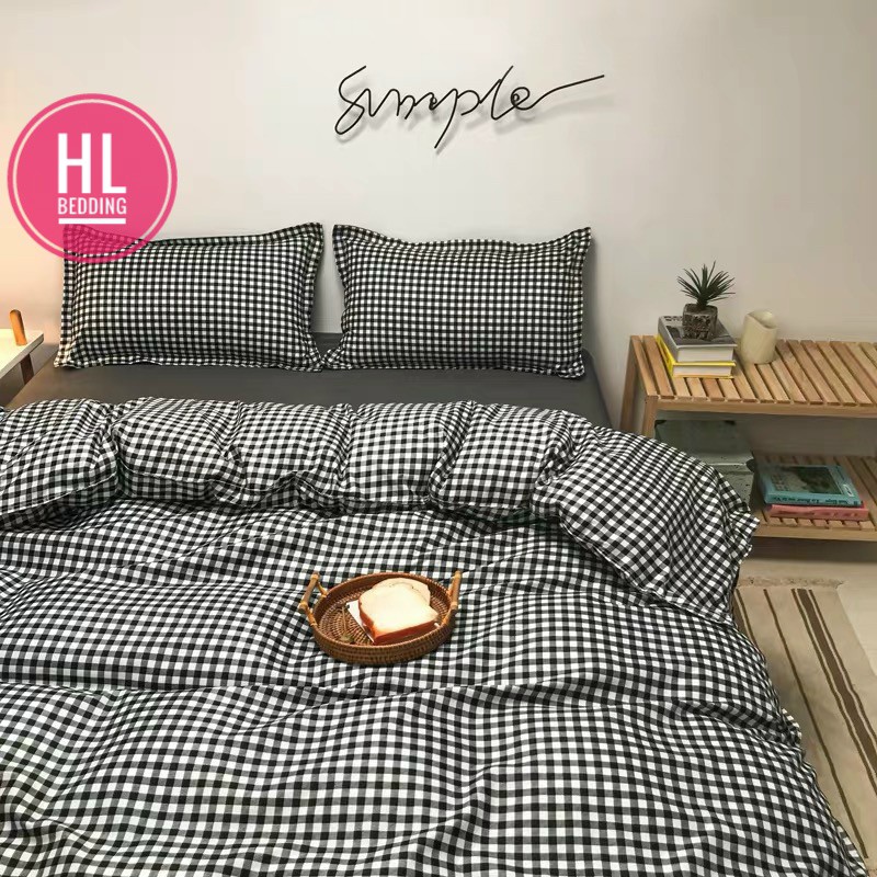 Bộ chăn ga Cotton Poly Caro đen trắng phong cách Hàn Quốc - Hàng nhập khẩu